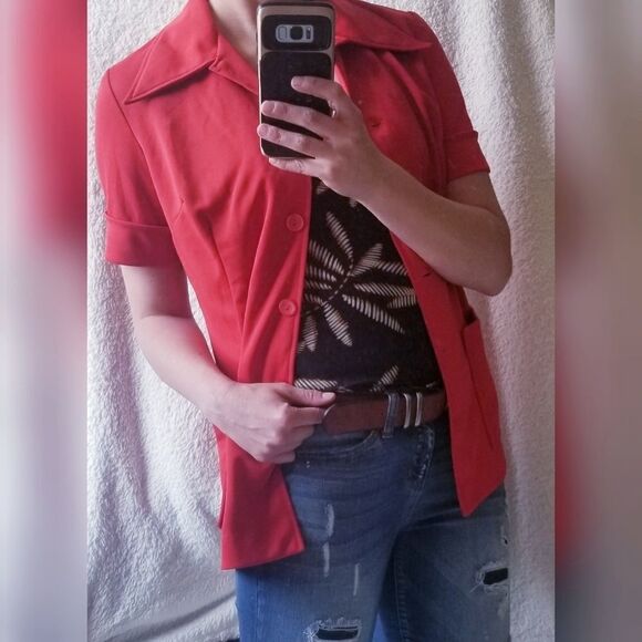 Vintage 70s button down shirt blouse red pockets - Picture 3 of 8